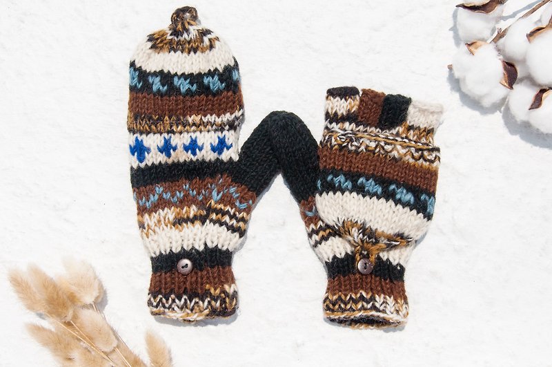 手織純羊毛針織手套/可拆卸手套/內刷毛手套/保暖手套-焦糖瑪奇朵 - 手套 - 羊毛 咖啡色