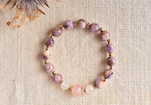 CaWaiiDaisy Handmade Jewelry 淡粉彩紫龍晶+摩根石+月光石黃銅手鍊