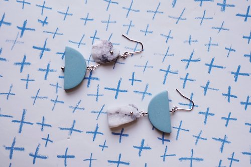 米石里 石穗-春分 水藍半圓片白色大理石不對襯造型 日本配件手作耳環