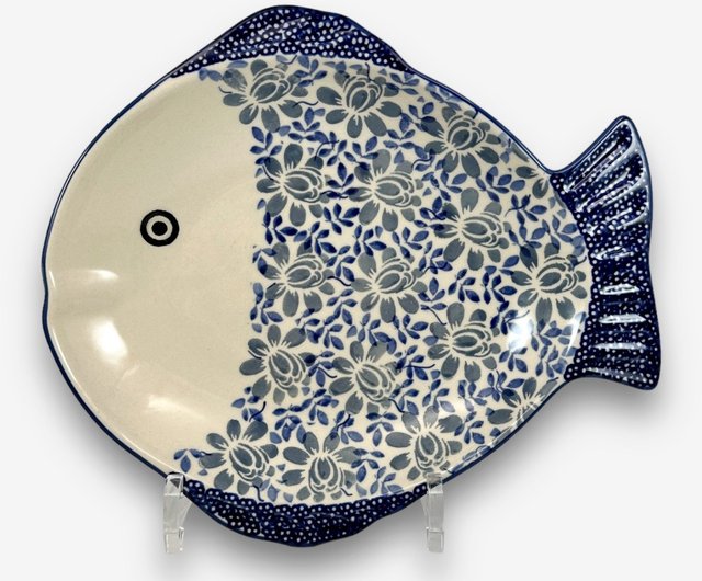 ポーランド手描き陶器 魚型プレート 25cm タッチブルーシリーズ