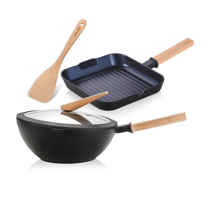 【Taste Plus】Yuewei Yuanmu Diamond Grade Non-stick Pan 30cm + Steak Pan 24cm - Pots & Pans - Aluminum Alloy Black