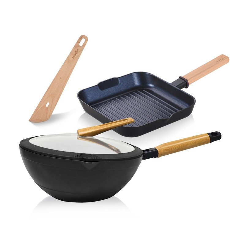 【Taste Plus】悅味元木 鑽石級內外不沾鍋 炒鍋30cm+牛排鍋24cm - 鍋子/烤盤 - 鋁合金 黑色