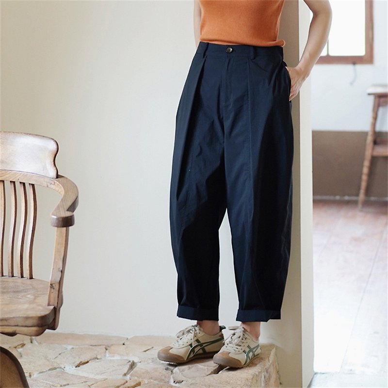 Black free slack brocade cotton Japanese-style tapered trousers curve split casual trousers slim wide-leg wide trousers - กางเกงขายาว - ผ้าฝ้าย/ผ้าลินิน สีดำ