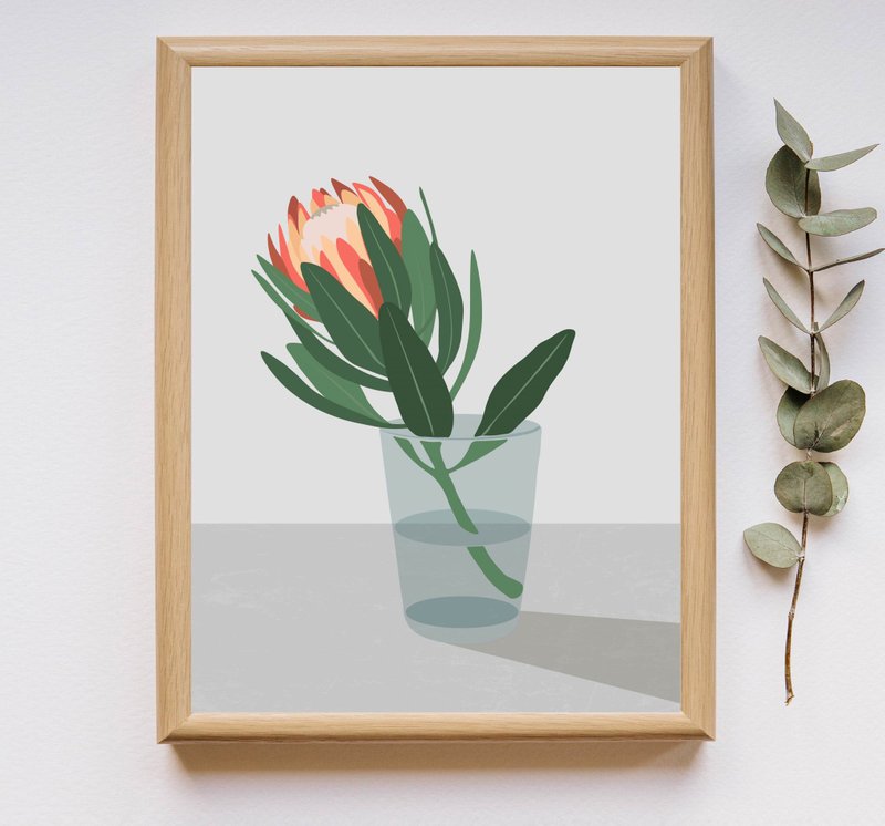 Protea flower, botanical art, blue home decor, pink decor, painting, jpg file - โปสเตอร์ - วัสดุอื่นๆ สึชมพู