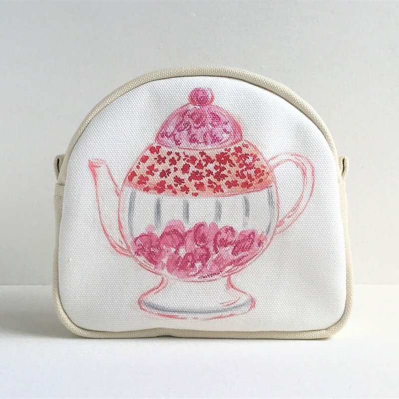 Gardener's Tea Party round pierced gusseted pouch teapot pattern pink - Toiletry Bags & Pouches - Cotton & Hemp Pink