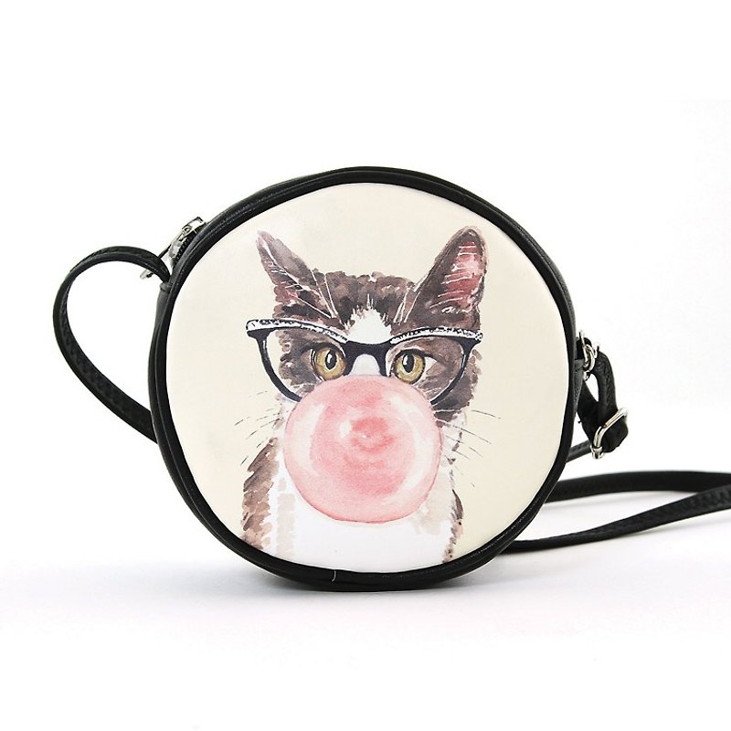 Sleepyville Critters - Cat Blowing Bubblegum Bubble Round Shoulder Crossbag - Messenger Bags & Sling Bags - Faux Leather White