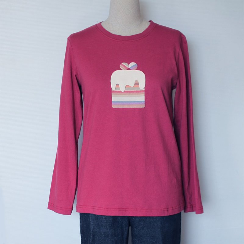 Cute little cake long sleeve T-shirt (cherry red) - เสื้อผู้หญิง - ผ้าฝ้าย/ผ้าลินิน สีแดง