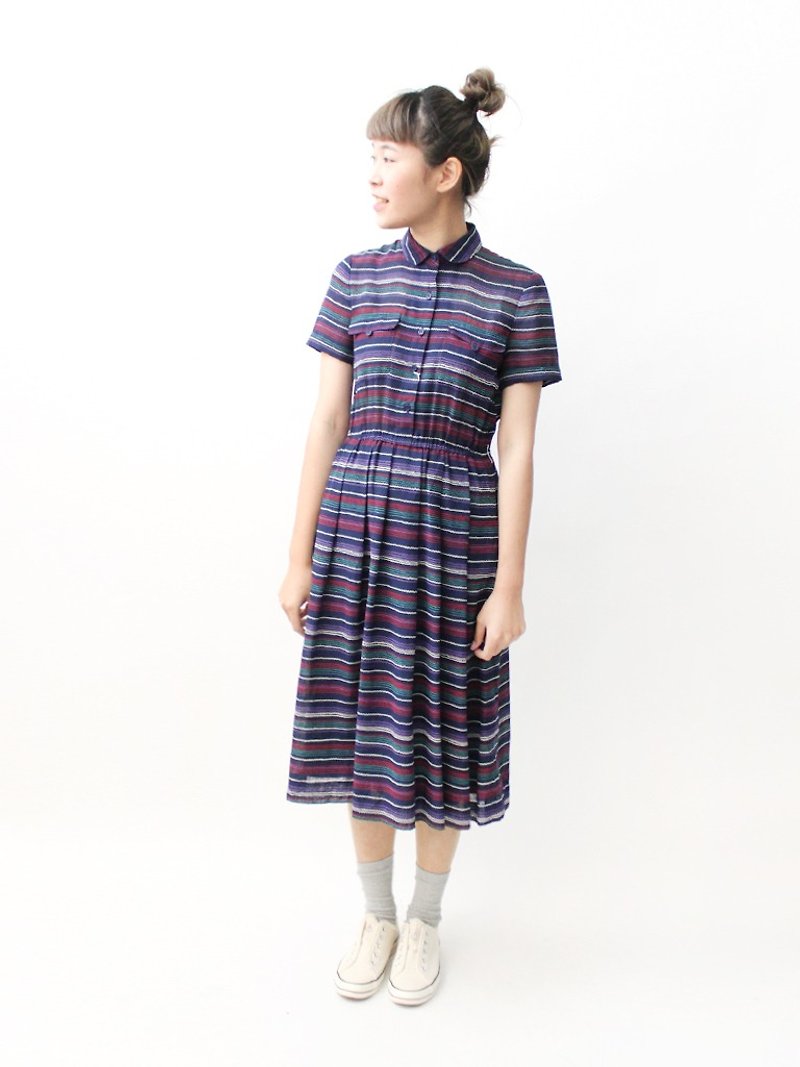 【RE0322D1013】日本製簡約復古藍紫色條紋春夏古著洋裝 - 連身裙 - 聚酯纖維 藍色