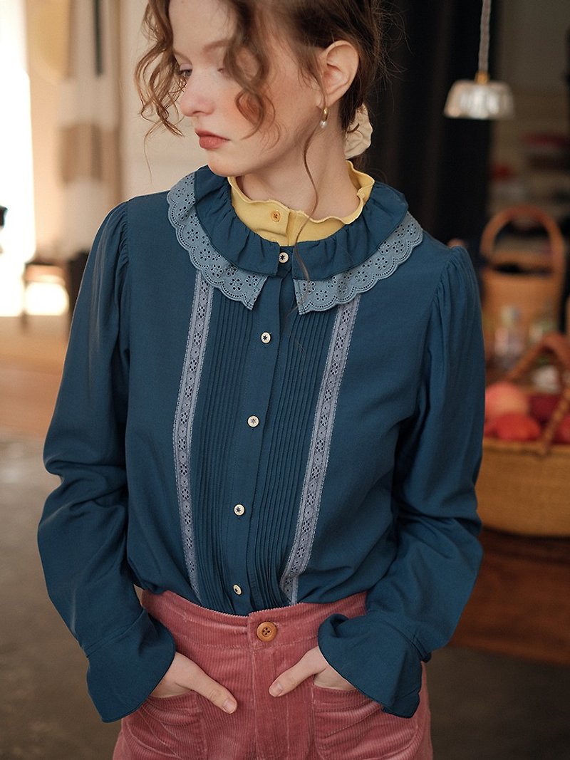 Mintcheese 法式古典優雅黛藍雙層花邊領風琴褶襯衫 - 恤衫 - 絲．絹 藍色