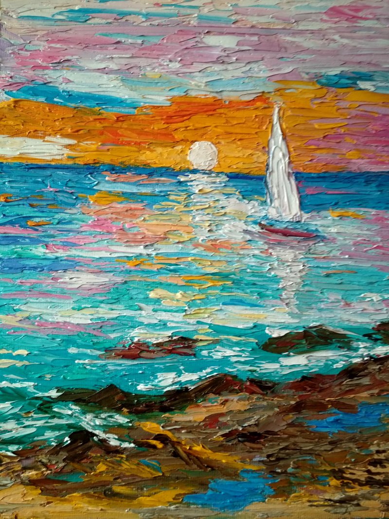 Original oil painting Sunset Seascape White sail, 24x18 cm - ตกแต่งผนัง - วัสดุอื่นๆ 