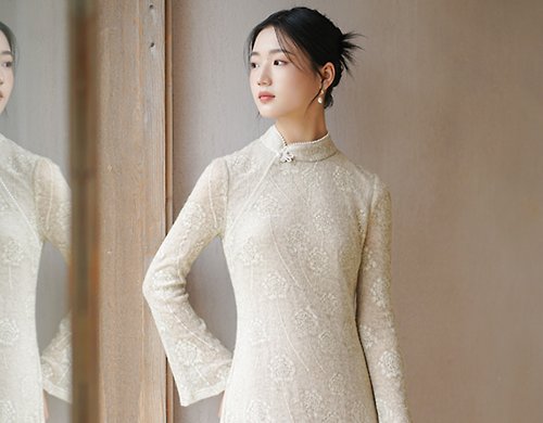 初蟬 新中式 秋冬羊毛針織繡花珍珠中國風改良旗袍洋裝