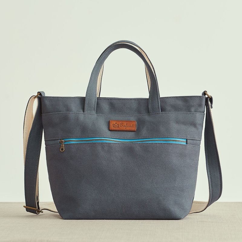Eafami cotton canvas magnetic buckle tote bag gray-B multi-compartment made in Taiwan - Handbags & Totes - Cotton & Hemp Gray
