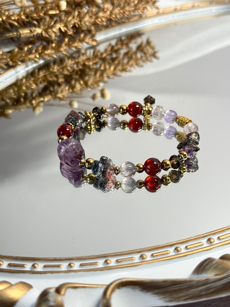 Zizuijinmi Amethyst Pixiu Super Seven Transfer Bracelet - 18K Gold Medical Steel/Amethyst Pixiu/Super Seven - Bracelets - Crystal Purple