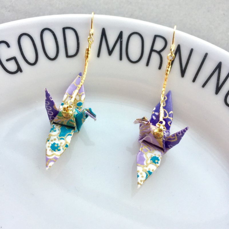 purple green cute Waterproof Japanese paper crane earrings - Earrings & Clip-ons - Paper Purple