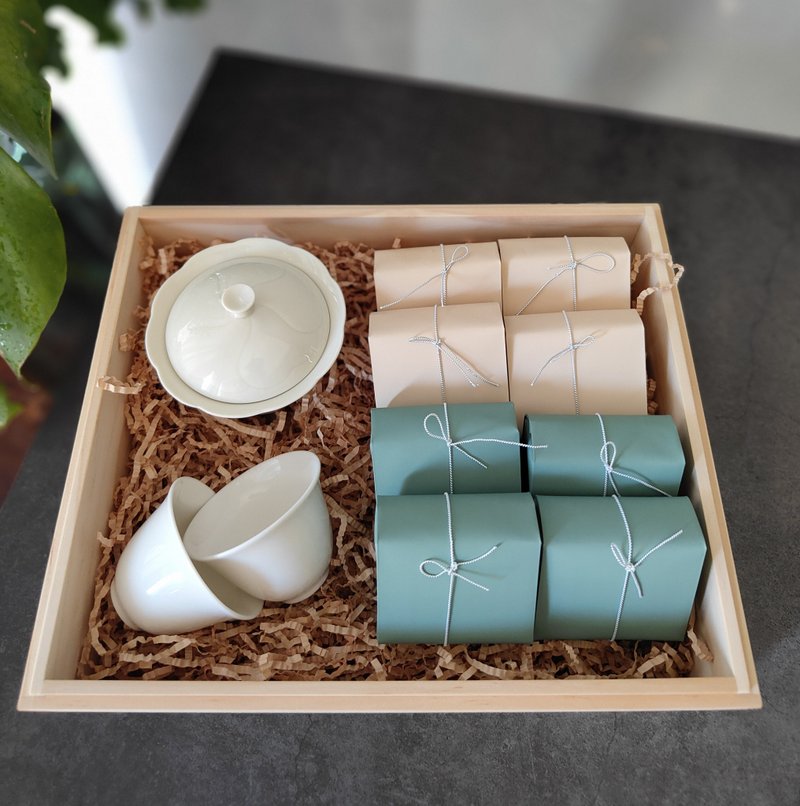 4種台灣特色烏龍茶與米白蓋碗禮盒 - 茶葉/茶包/水果茶 - 木頭 咖啡色