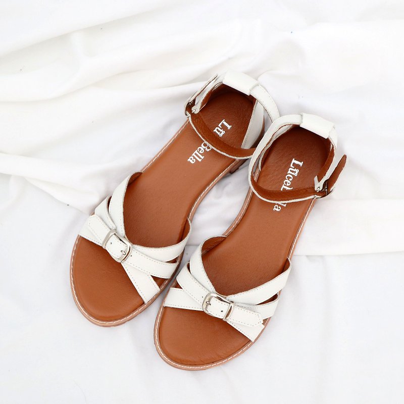 Suitable for wide feet [heart knot] leather sandals - white - Sandals - Genuine Leather White