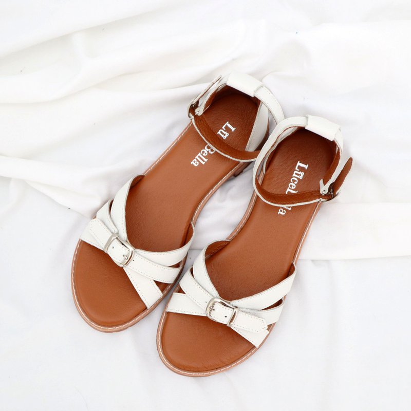 Suitable for wide feet [heart knot] leather sandals - white - Sandals - Genuine Leather White