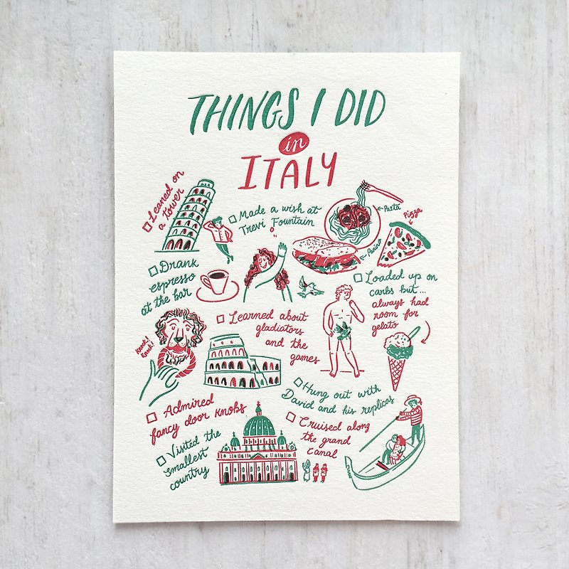 Things I Did in Italy Letterpress Postcard - 卡片/明信片 - 紙 