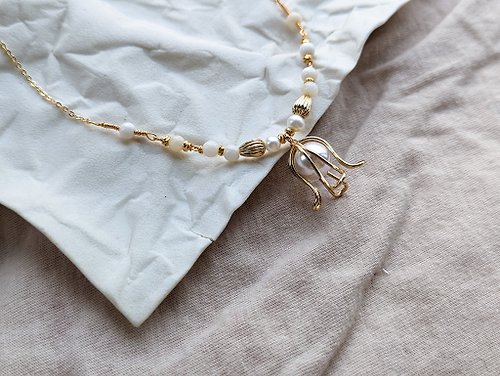 木織金 Muzkin 珍珠立體花純銅鍍金鎖骨練