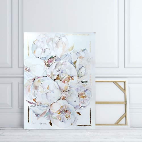 Annet Loginova 白牡丹 大型 Giclée 帆布镀金版画。花卉艺术。