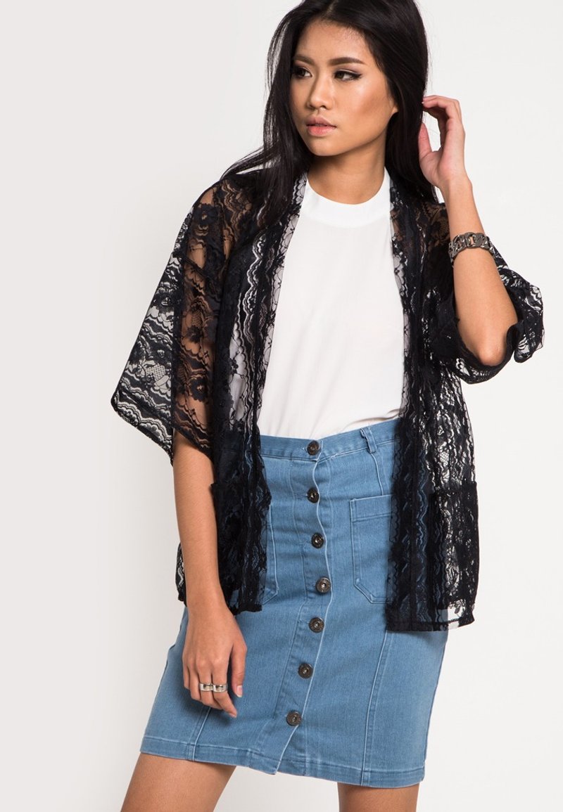 BLACK CACTUS Lace Kimono - 女大衣/外套 - 棉．麻 黑色