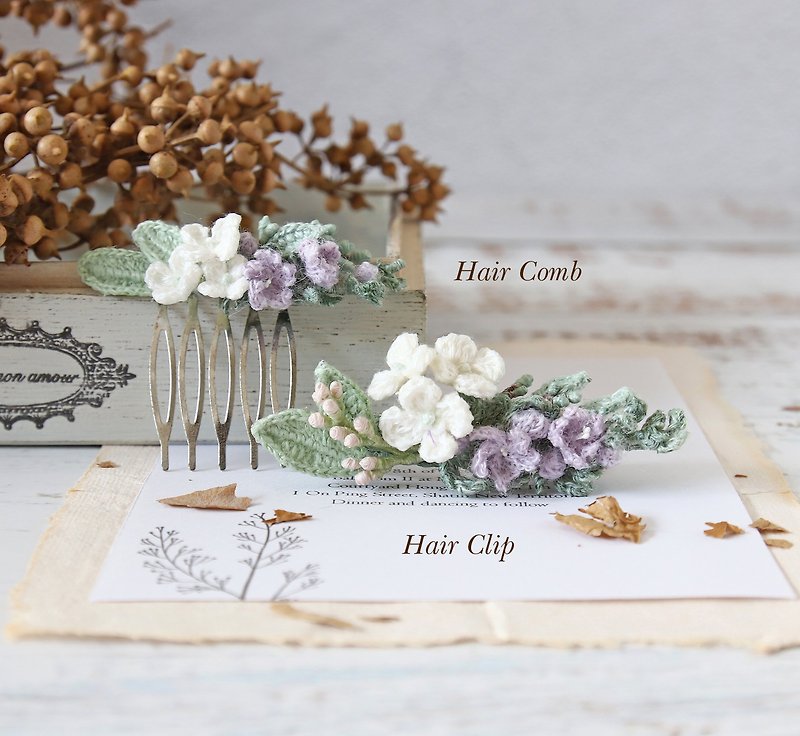 Rosemary hydrangea hair clip/hair comb finely woven Japanese Linen fresh, natural, delicate and tranquil - Hair Accessories - Cotton & Hemp White