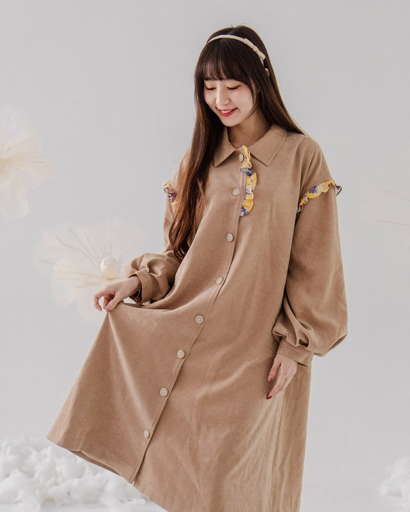 [Cape Town, South Africa] Nara Walking Lotus Leaf Lantern Sleeve Fawn Dress Queen Putia Yellow - One Piece Dresses - Cotton & Hemp Brown