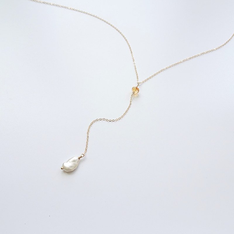 Baroque Freshwater Pearl Citrine Rondelle Removable Pendant 14K GF Y Necklace - Long Necklaces - Pearl Gold