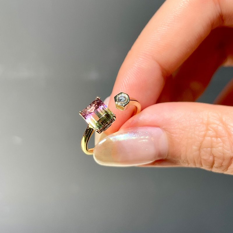 The Satellite  -  天然西瓜雙色碧璽 (1.21ct) 18k黃金鑽戒 - 戒指 - 貴金屬 金色