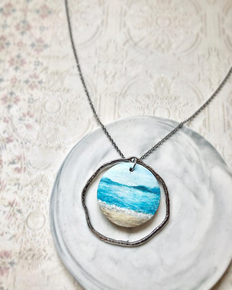 Calm original hand-painted necklace - Necklaces - Stainless Steel Blue