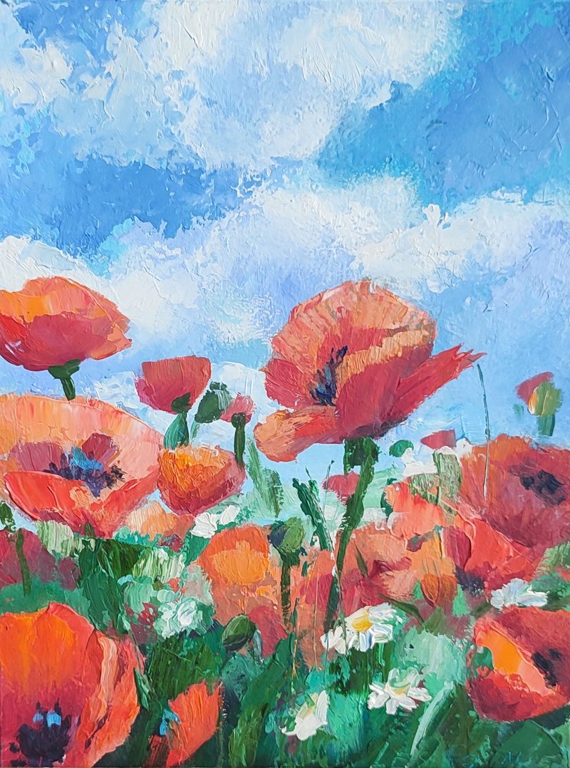 Poppies Oil Painting Flower Small Art  Poppy Artwork Landscape Painting - 壁貼/牆壁裝飾 - 其他材質 紅色