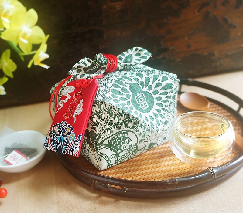 端午節【納福】 織繡香囊 茶包包裹巾組合(2款精選好茶 - 茶葉/茶包/水果茶 - 棉．麻 綠色