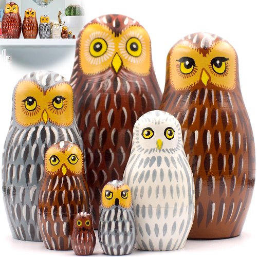布列斯特纪念品厂 - 套娃 Owl Nesting Dolls Set 7 pcs - Matryoshka with Owl Figurines - Nesting Owl Doll