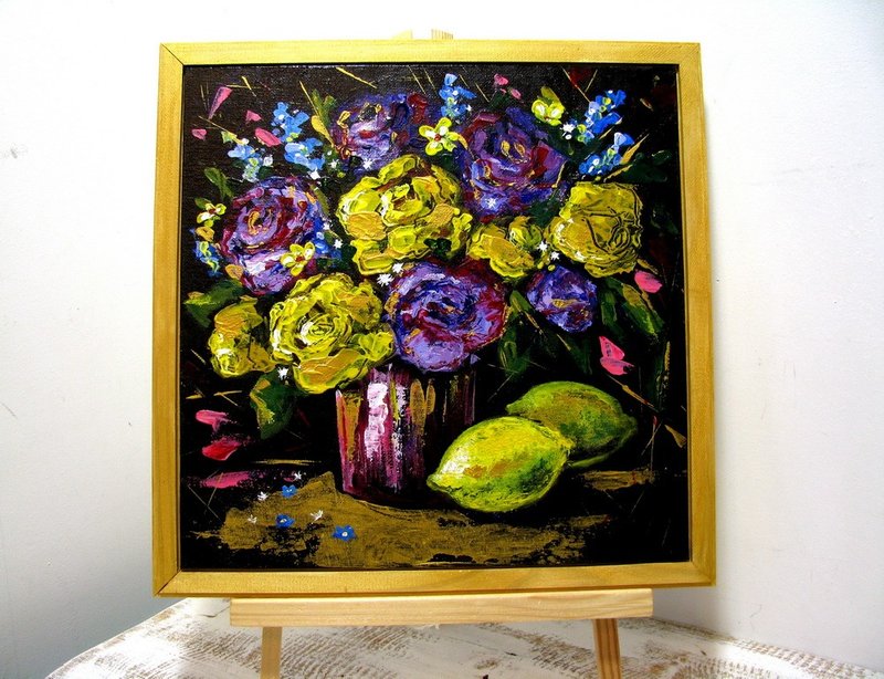 Flower Bouquet and Lemons Acrylic Painting Framed Ready to Gift - ตกแต่งผนัง - วัสดุอื่นๆ หลากหลายสี