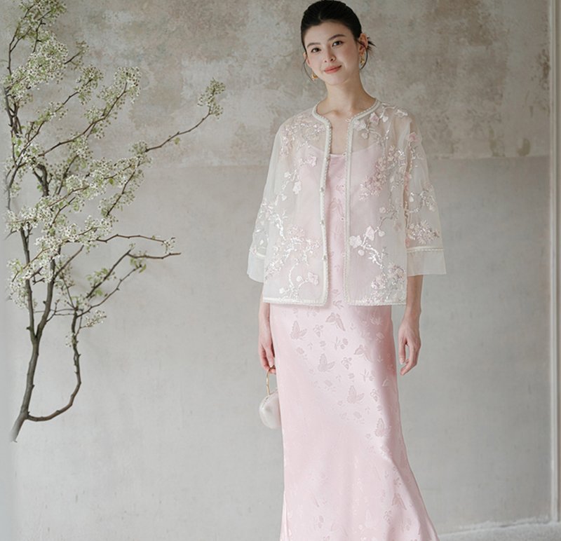 【蕾絲】新中式復古中國風 刺繡對襟盤扣上衣/吊帶裙 - 女上衣/長袖上衣 - 聚酯纖維 粉紅色