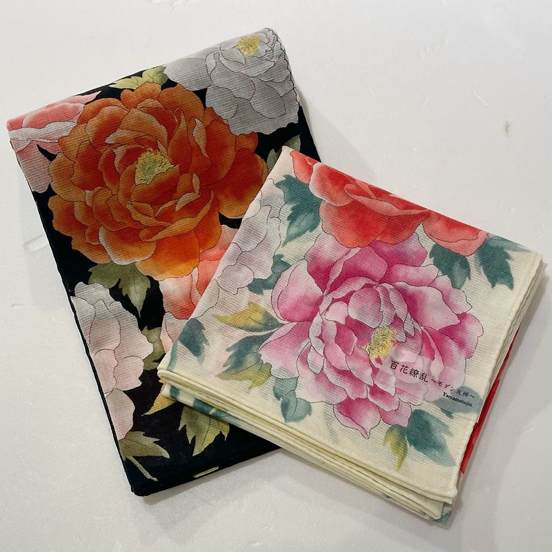 [Fashion Essentials for Hot Summer] Kyoto Flowers Promiscuous Handkerchief - Peony (Black/White) - Handkerchiefs & Pocket Squares - Cotton & Hemp 