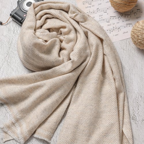 厚手】カシミヤウールストール/ショール ヘリンボーン 無染色原色