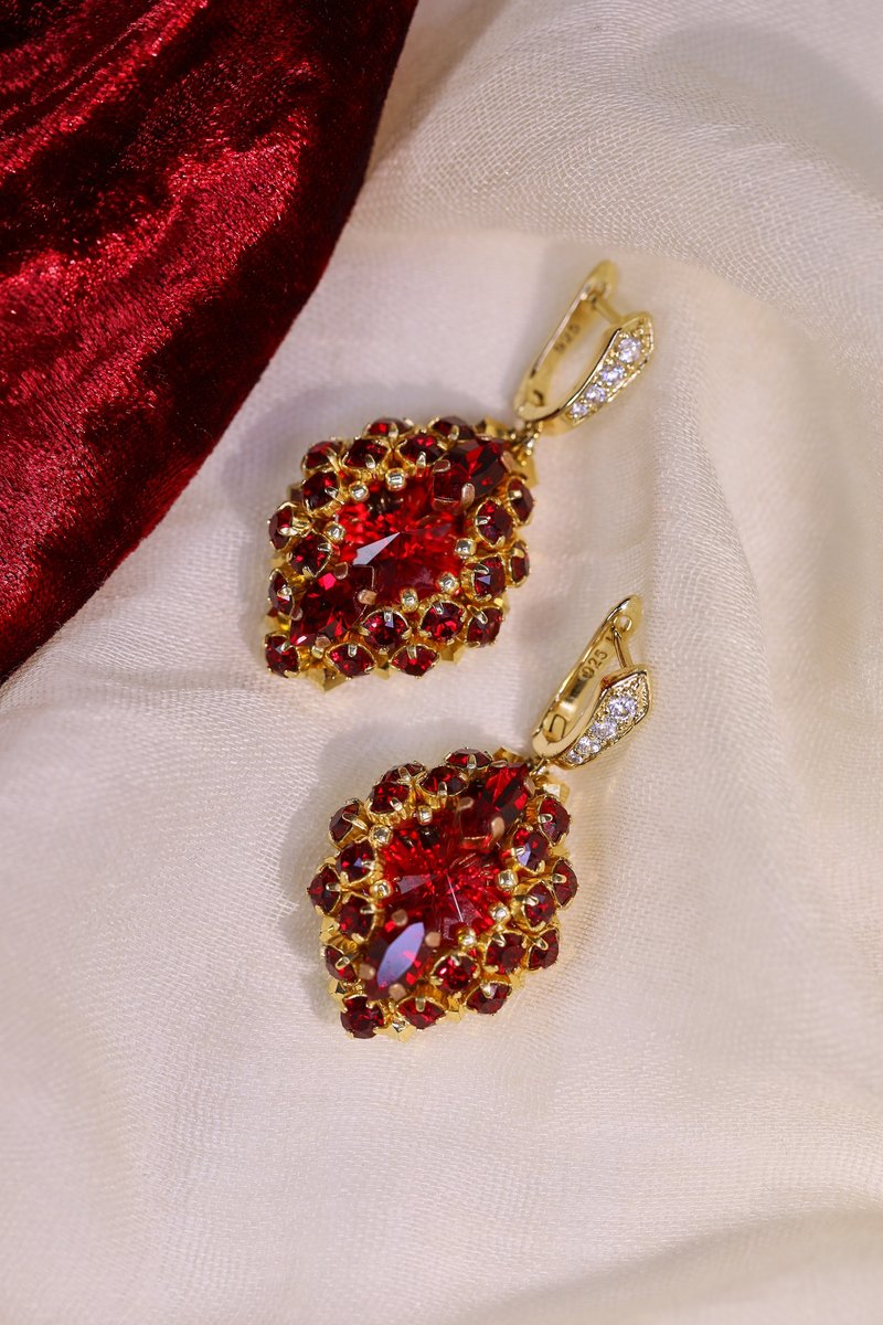 Red crystal earrings/ Dangle statement earrings/ Designer earrings for wedding - Earrings & Clip-ons - Other Materials Red