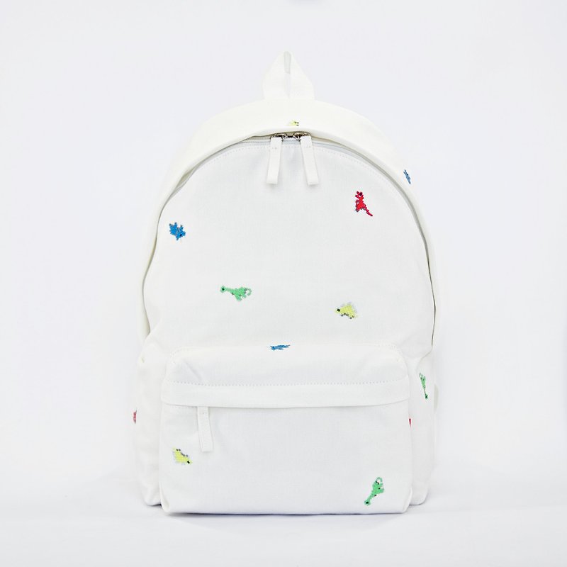 Dinosaur Embroidery Canvas Backpack / White - Backpacks - Cotton & Hemp White