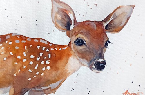 水彩画「鹿」 鹿の絵 オリジナルアート 野生動物のアートワーク 水彩画 鹿の