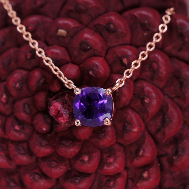 糖果 – 6 mm 方形 切角 紫水晶 純銀 電18K玫瑰金 頸鏈 - 鎖骨鍊 - 寶石 紫色