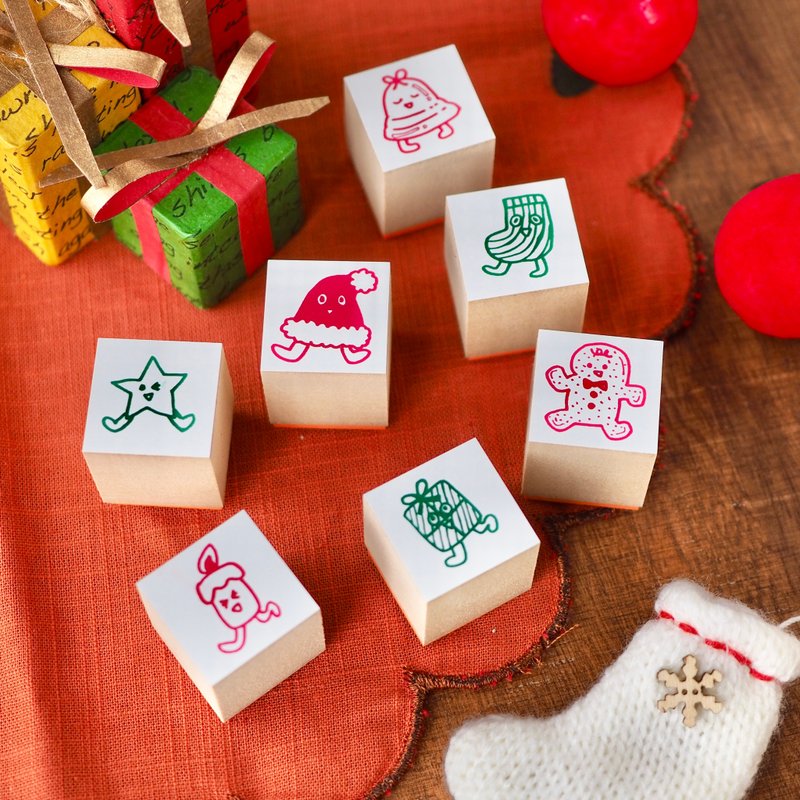 あれもこれも踊りだす　手帳カレンダーのマス目ではしゃぐクリスマスモチーフたちのハンコ - 印章/印台 - 橡膠 