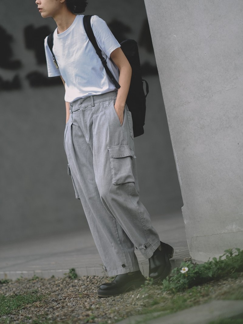 Langyoulian washed two-button overalls - 2 colors - กางเกงขายาว - ผ้าฝ้าย/ผ้าลินิน สีเทา