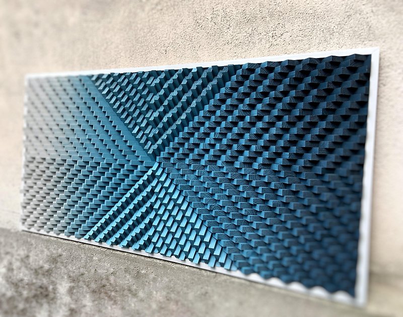 木製ウォールアート – 幾何学的なブルーグレーの音響パネル – 3D サウンドディフューザー - ウォールデコ・壁紙 - 木製 ブルー