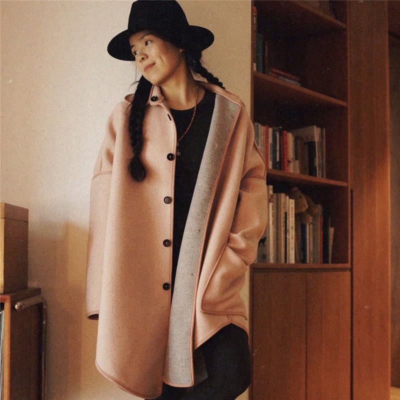 Pink double-sided warm pink light gray wool winter double-sided large-size coat imported from Japan - Women's Casual & Functional Jackets - Wool Pink