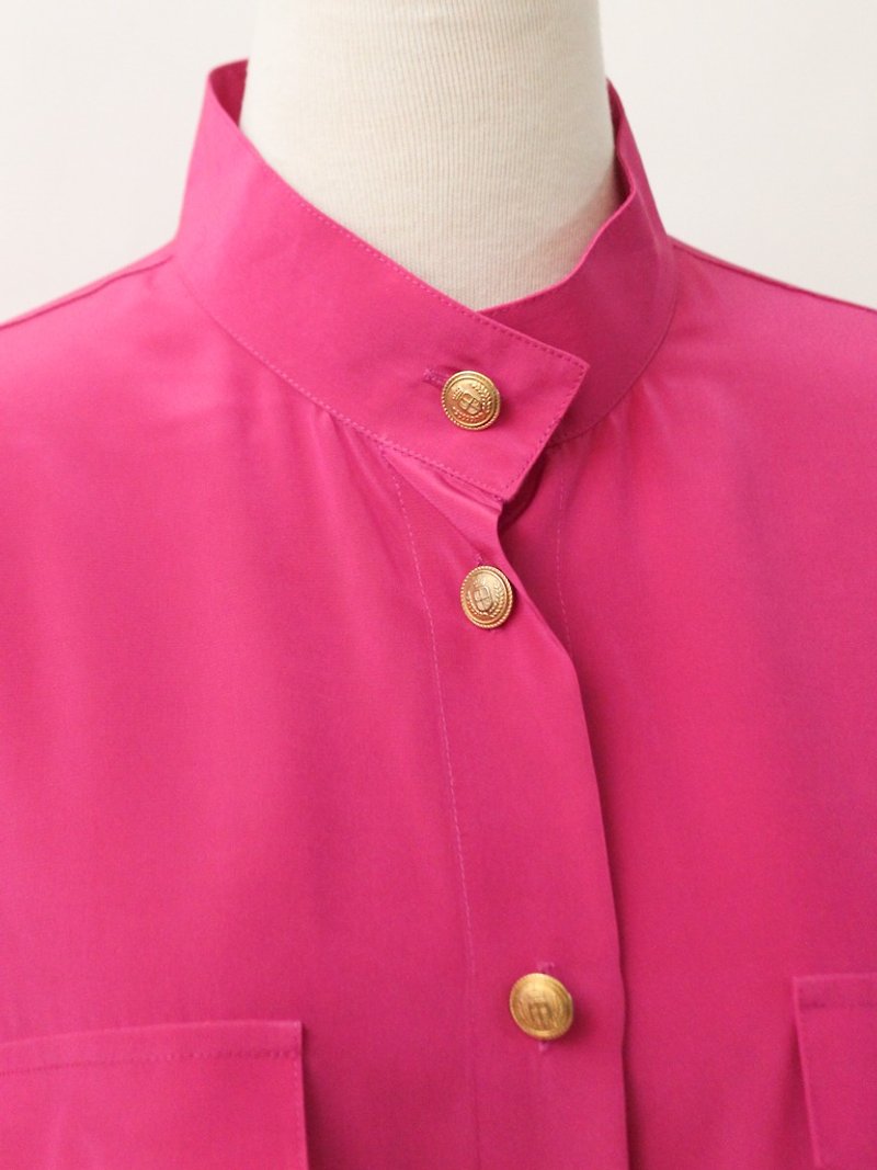 復古歐洲春天純色桃紅色簡約寬鬆長袖古著襯衫 - 恤衫 - 聚酯纖維 粉紅色