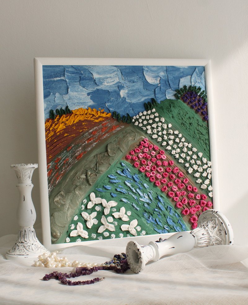 Textured flowers fields, original sculptural painting, 3d floral painting - ตกแต่งผนัง - วัสดุอื่นๆ 