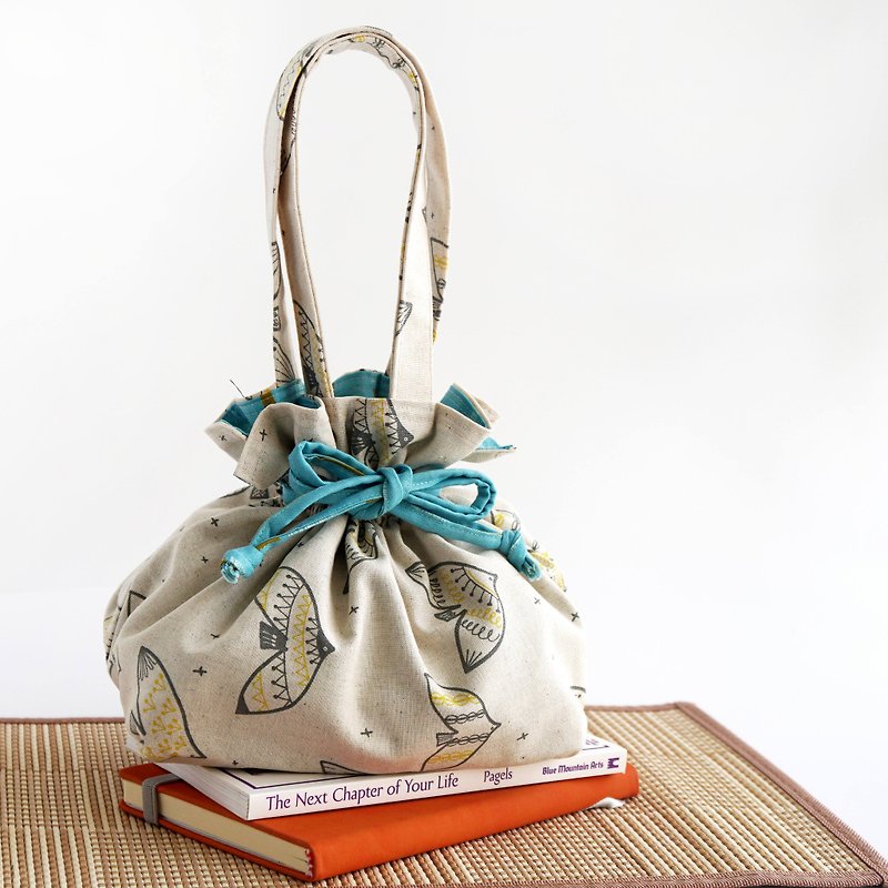 Drawstring Top Handle Handbag - Sketched Bird - Other - Cotton & Hemp Multicolor