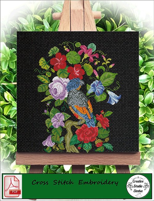 CreativeStudioElenka Vintage Cross Stitch Scheme Parrot on a tree - PDF Embroidery Scheme