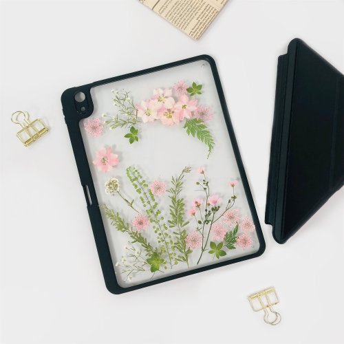 FeimeiPresents 粉紅花綠葉手工押花iPad外殼 iPad Air 11寸13寸iPad Pro11寸13寸
